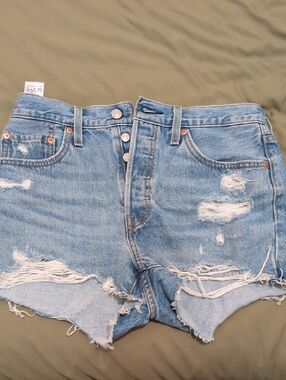 Levi 501 Sz 28 Button-Fly Distressed Light Blue Denim Shorts